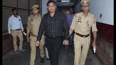 Samajwadi Party MLA Irfan Solanki at an MP/MLA court, who has been convicted in the arson case with his brother and three others, in Kanpur on Monday. (PTI) Samajwadi Party MLA Irfan Solanki at an MP/MLA court, who has been convicted in the arson case with his brother and three others, in Kanpur on Monday. (PTI)