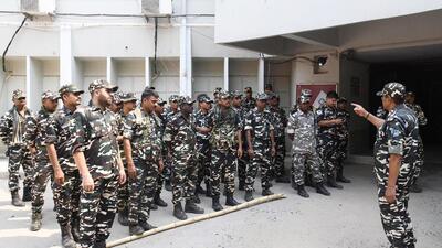 Security drill at Patna’s A N College, where votes for Patliputra and Patna Sahib Lok Sabha constituencies will be counted on June 4. (HT PHOTO)