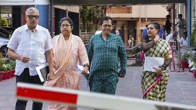 TMC Rajya Sabha MPs Derek O'Brien, Dola Sen, Saket Gokhale and Sagarika Ghose leave after meeting the Election Commission of India in Delhi. (PTI)
