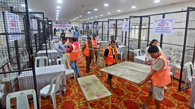 Preparations underway for the counting of Lok Sabha elections, in Hyderabad, Monday. (PTI) Preparations underway for the counting of Lok Sabha elections, in Hyderabad, Monday. (PTI)