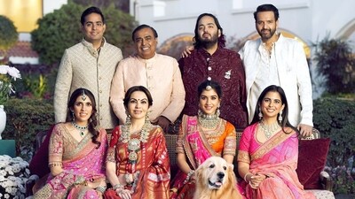 Mukesh Ambani, Nita Ambani, Isha Ambani, Anand Piramal, Anant Ambani, Radhika Merchant, Shloka Mehta and Akash Ambani pose for a family photo during pre-wedding celebrations of Anant and Radhika in Jamnagar in March. (ANI) Mukesh Ambani, Nita Ambani, Isha Ambani, Anand Piramal, Anant Ambani, Radhika Merchant, Shloka Mehta and Akash Ambani pose for a family photo during pre-wedding celebrations of Anant and Radhika in Jamnagar in March. (ANI)