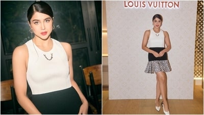 Sharvari Wagh slipped into a monochrome sleeveless mini dress to attend the Louis Vuitton event. The ensemble features a round neckline, a white-coloured bodice with a ribbed design, a chain embellishment on the neck, a black ribbed skirt with a frilled attachment adorned with an abstract Louis Vuitton logo pattern, and a bodycon silhouette accentuating her svelte frame. (Instagram) Sharvari Wagh slipped into a monochrome sleeveless mini dress to attend the Louis Vuitton event. The ensemble features a round neckline, a white-coloured bodice with a ribbed design, a chain embellishment on the neck, a black ribbed skirt with a frilled attachment adorned with an abstract Louis Vuitton logo pattern, and a bodycon silhouette accentuating her svelte frame. (Instagram)