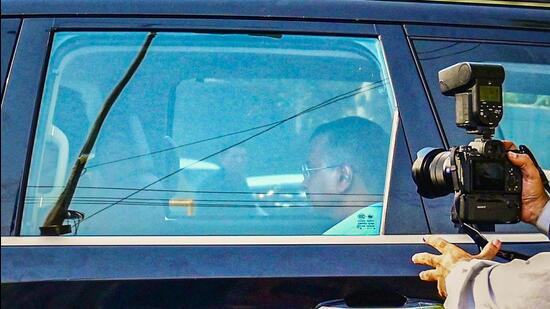 Delhi chief minister Arvind Kejriwal arrives at Tihar Jail Gate No. 1 in New Delhi on Sunday. (Vipin Kumar/HT Photo)
