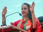Bharatiya Janata Party (BJP) candidate from Mathura constituency Hema Malini addresses an election campaign, in Bhubaneswar, Odisha.