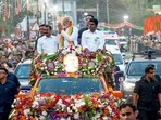 Coimbatore, Mar 18 (ANI): Prime Minister Narendra Modi holds a roadshow in Coimbatore on Monday. Tamil Nadu BJP chief K. Annamalai and Union Minister L. Murugan are seen. (ANI Photo)