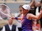 Poland's Iga Swiatek celebrates winning her quarterfinal match of the French Open tennis tournament against Marketa Vondrousova of the Czech Republic at the Roland Garros stadium in Paris, Tuesday, June 4, 2024. Poland's Iga Swiatek celebrates winning her quarterfinal match of the French Open tennis tournament against Marketa Vondrousova of the Czech Republic at the Roland Garros stadium in Paris, Tuesday, June 4, 2024.