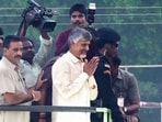 TDP chief Chandrababu Naidu arrives at party headquarters as his party leads during counting of votes for the Andhra Pradesh Assembly election at Mangalgiri, in Guntur district, Tuesday, June 4, 2024.(PTI)