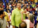 BJP candidate from Thrissur parliamentary constituency Suresh Gopi during the campaign trail on April 5. (PTI Photo)(HT_PRINT)