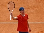 Italy's Jannik Sinner celebrates winning his quarter final match against Bulgaria's Grigor Dimitrov.