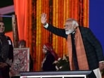 Kashmir, India - March. 07, 2024:Prime Minister Narendra Modi waves at a public during the launch of various projects and a public rally,at Bakshi Stadium in Srinagaron 07 March 2024.(Photo By Waseem Andrabi /Hindustan Times)--
