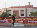 New Delhi, India - June 3, 2024: BSF jawan stand infront of Parliament on the eve of result of General Lok Sabha election in New Delhi, India, on Monday, June 3, 2024.  (Photo by Arvind Yadav/ Hindustan Times)