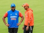 India's captain Rohit Sharma with head coach Rahul Dravid during a practice session 