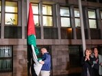 The Palestinian flag is raised in front of the Slovenian parliament building after the vote in Ljubljana, Slovenia, Tuesday The Palestinian flag is raised in front of the Slovenian parliament building after the vote in Ljubljana, Slovenia, Tuesday