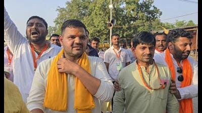 BJP candidate Karan Bhushan Singh arrives at a counting centre after winning the Lok Sabha elections from Kaiserganj constituency on the day of the counting of votes, in Gonda, Tuesday. (PTI Photo) BJP candidate Karan Bhushan Singh arrives at a counting centre after winning the Lok Sabha elections from Kaiserganj constituency on the day of the counting of votes, in Gonda, Tuesday. (PTI Photo)
