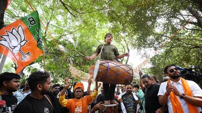 Celebrations underway at the BJP hadquarters in Delhi on Tuesday. (Sanchit Khanna/HT Photo) Celebrations underway at the BJP hadquarters in Delhi on Tuesday. (Sanchit Khanna/HT Photo)