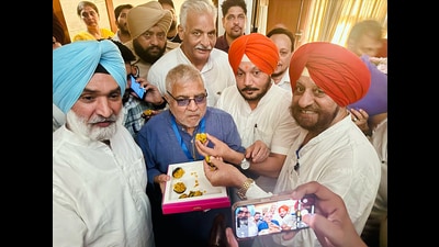 Dr Dharamvir Gandhi of the Congress being congratulated by party leaders and supporters in Patiala on Tuesday. (ANI) Dr Dharamvir Gandhi of the Congress being congratulated by party leaders and supporters in Patiala on Tuesday. (ANI)