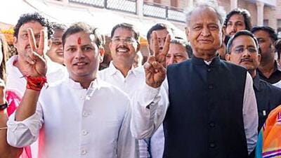 Former Rajasthan CM Ashok Gehlot with his son and Congress candidate from Jalore seat Vaibhav Gehlot before the elections. (Photo from X)