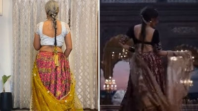 The image shows a 54-year-old woman who recreated Aditi Rao Hydari’s Gajagamini walk from Heeramandi. (Instagram/@neerusaini1970, Screengrab) The image shows a 54-year-old woman who recreated Aditi Rao Hydari’s Gajagamini walk from Heeramandi. (Instagram/@neerusaini1970, Screengrab)
