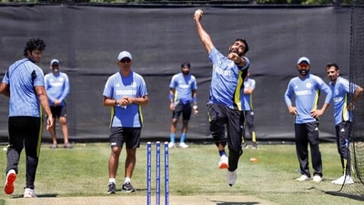 Jasprit Bumrah bowls during a practice session ahead of India's ICC T20 World Cup opener against Ireland, in New York on Tuesday. (ANI) Jasprit Bumrah bowls during a practice session ahead of India's ICC T20 World Cup opener against Ireland, in New York on Tuesday. (ANI)