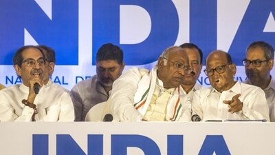 Uddhav Thackeray, Mallikarjun Kharge and Sharad Pawar of the MVA. (Photo by Satish Bate/ Hindustan Times) (Hindustan Times) Uddhav Thackeray, Mallikarjun Kharge and Sharad Pawar of the MVA. (Photo by Satish Bate/ Hindustan Times) (Hindustan Times)