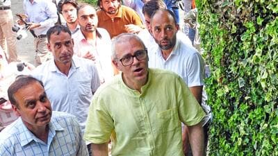 NC’s Omar Abdullah arrives to address the media at his Gupkar Residence in Srinagar. (ANI) NC’s Omar Abdullah arrives to address the media at his Gupkar Residence in Srinagar. (ANI)
