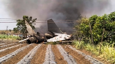 Remains of a Sukhoi fighter plane of the Indian Air Force (IAF) after it crashed in Nashik district on Tuesday, June 4. Pilots of the aircraft ejected safely. (PTI)