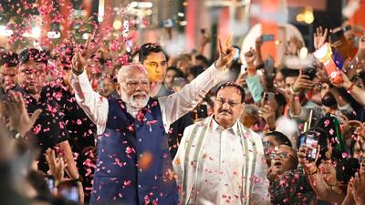 Prime Minister Narendra Modi and BJP president JP Nadda at the party HQ. (Sanchit Khanna/HT) Prime Minister Narendra Modi and BJP president JP Nadda at the party HQ. (Sanchit Khanna/HT)