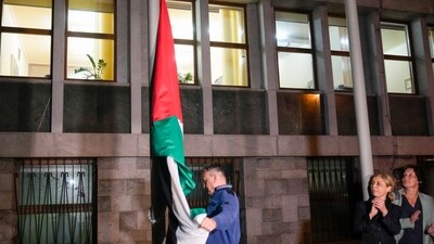 The Palestinian flag is raised in front of the Slovenian parliament building after the vote in Ljubljana, Slovenia, Tuesday (AP) The Palestinian flag is raised in front of the Slovenian parliament building after the vote in Ljubljana, Slovenia, Tuesday (AP)