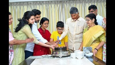 TDP Chief Chandrababu Naidu along with his family celebrates the party's victory in Assembly and Lok Sabha elections, on Tuesday. (PTI) TDP Chief Chandrababu Naidu along with his family celebrates the party's victory in Assembly and Lok Sabha elections, on Tuesday. (PTI)