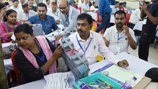 Patna, Jun 04 (ANI): The counting of votes for the Lok Sabha elections is underway, at a counting centre in Patna on Tuesday. (ANI Photo) Patna, Jun 04 (ANI): The counting of votes for the Lok Sabha elections is underway, at a counting centre in Patna on Tuesday. (ANI Photo)