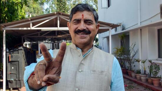 BJP’s Jugal Kishore Sharma shows a victory sign at a counting centre in Jammu. (ANI)