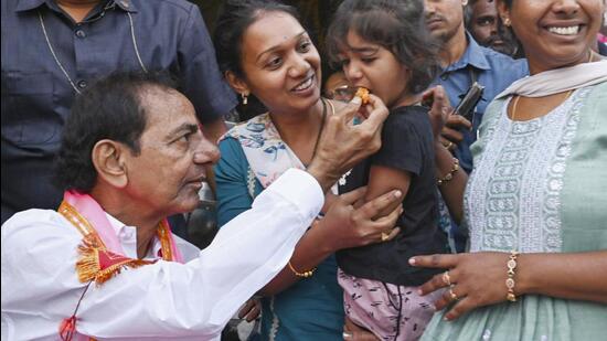 Nizamabad: BRS chief and former Telangana chief minister K Chandrashekar Rao at a tiffin centre in Nizamabad district on May 7 (PTI)