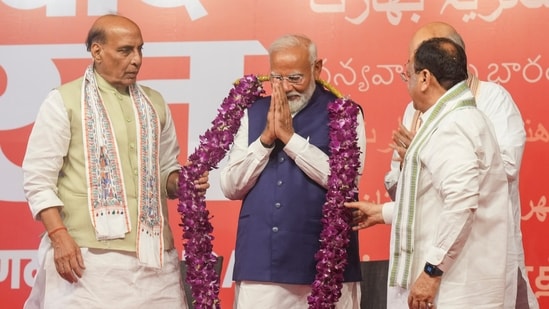 Prime Minister Narendra Modi, home minister Amit Shah, defence minister Rajnath Singh and BJP national president JP Nadda at the BJP headquarters amid the counting of votes in New Delhi on June 4. (PTI)