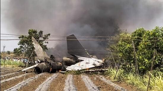 Remains of a Sukhoi fighter plane of the Indian Air Force (IAF) after it crashed, in Nashik district, Tuesday. (PTI)