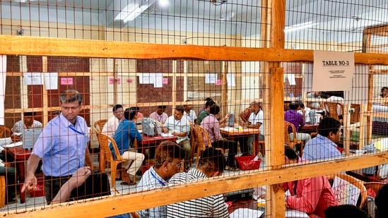 Polling officials at a counting centre in Agartala, on Tuesday, June 4, 2024. (PTI)