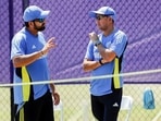 India's skipper Rohit Sharma with BCCI Chief Selector Ajit Agarkar during a practice session ahead of ICC T20 World Cup opener against Ireland, in New York