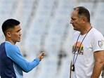 India's captain Sunil Chhetri (L) speaks with coach Igor Stimac during a practice session India's captain Sunil Chhetri (L) speaks with coach Igor Stimac during a practice session