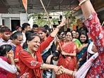 Mumbai, India - June 4, 2024: Shiv sena UBT party workers celebrate outside Shiv Sena bhavan in Mumbai, India, on Tuesday, June 4, 2024. (Photo by Anshuman Poyrekar/ Hindustan Times) (Hindustan Times) Mumbai, India - June 4, 2024: Shiv sena UBT party workers celebrate outside Shiv Sena bhavan in Mumbai, India, on Tuesday, June 4, 2024. (Photo by Anshuman Poyrekar/ Hindustan Times) (Hindustan Times)