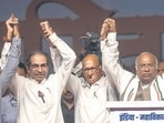 Arvind Sawant, Uddhav Thackeray, Sharad Pawar and Mallikarjun Kharge of the MVA. (Photo by Satish Bate/ Hindustan Times) (Hindustan Times)