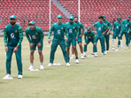 Pakistan cricket team players in the training session.