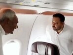 Tejashwi Yadav and Nitish Kumar were in the same flight while travelling to Delhi on Monday. (PTI) Tejashwi Yadav and Nitish Kumar were in the same flight while travelling to Delhi on Monday. (PTI)