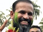 Murshidabad: Former cricketer and TMC candidate from Baharampur constituency Yusuf Pathan shows victory sign as he leads in the Lok Sabha elections amid the counting of votes, in Murshidabad district, Tuesday, June 4, 2024. (PTI Photo)(PTI06_04_2024_000464B) (PTI)