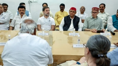 INDIA bloc leaders hold a meeting at the residence of Congress president Mallikarjun Kharge in New Delhi on Wednesday. (AICC) INDIA bloc leaders hold a meeting at the residence of Congress president Mallikarjun Kharge in New Delhi on Wednesday. (AICC)