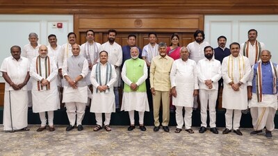 New Delhi, Jun 5 (ANI): Prime Minister Narendra Modi poses for a group picture with Bihar Chief Minister Nitish Kumar, Telugu Desam Party (TDP) Chief N Chandrababu Naidu, Defence Minister Rajnath Singh, Bharatiya Janata Party (BJP) National President JP Nadda, Jana Sena Party chief Pawan Kalyan, Lok Janshakti Party (Ram Vilas) Chief Chirag Paswan and other NDA leaders during a meeting, at his residence, 7, LKM, in New Delhi on Wednesday. (ANI Photo) (BJP) New Delhi, Jun 5 (ANI): Prime Minister Narendra Modi poses for a group picture with Bihar Chief Minister Nitish Kumar, Telugu Desam Party (TDP) Chief N Chandrababu Naidu, Defence Minister Rajnath Singh, Bharatiya Janata Party (BJP) National President JP Nadda, Jana Sena Party chief Pawan Kalyan, Lok Janshakti Party (Ram Vilas) Chief Chirag Paswan and other NDA leaders during a meeting, at his residence, 7, LKM, in New Delhi on Wednesday. (ANI Photo) (BJP)