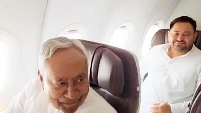 Bihar CM Nitish Kumar and RJD leader Tejashwi Yadav on board a flight from Patna to Delhi on Wednesday. (HT photo) Bihar CM Nitish Kumar and RJD leader Tejashwi Yadav on board a flight from Patna to Delhi on Wednesday. (HT photo)