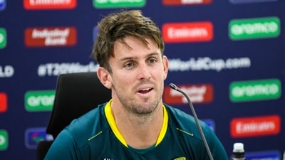Mitchell Marsh of Australia speaks during a press conference ahead of the start of the ICC Men's T20 CWC at Kensington Oval, Bridgetown, Barbados (AFP)