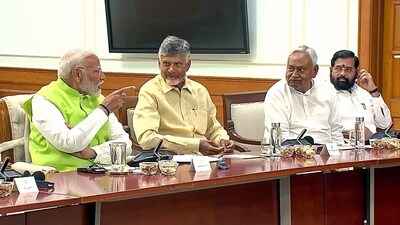 Narendra Modi along with TDP chief N Chandrababu Naidu, Bihar chief minister Nitish Kumar and Maharashtra chief minister Eknath Shinde at the NDA meeting on Wednesday. (ANI/Video Grab)