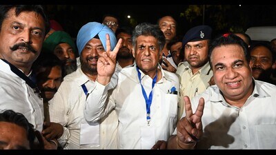 Congress’ Manish Tewari celebrating his victory in Chandigarh on Tuesday. (Keshav Singh/HT)