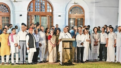 Congress president Mallikarjun Kharge addresses the media in the presence of senior members of the Opposition INDIA bloc, after a meeting of the alliance in Delhi on Wednesday. (Sanjeev Verma / Hindustan Times)
