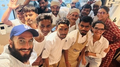 Deepika Padukone and Ranveer Singh inside a restaurant. Deepika Padukone and Ranveer Singh inside a restaurant.
